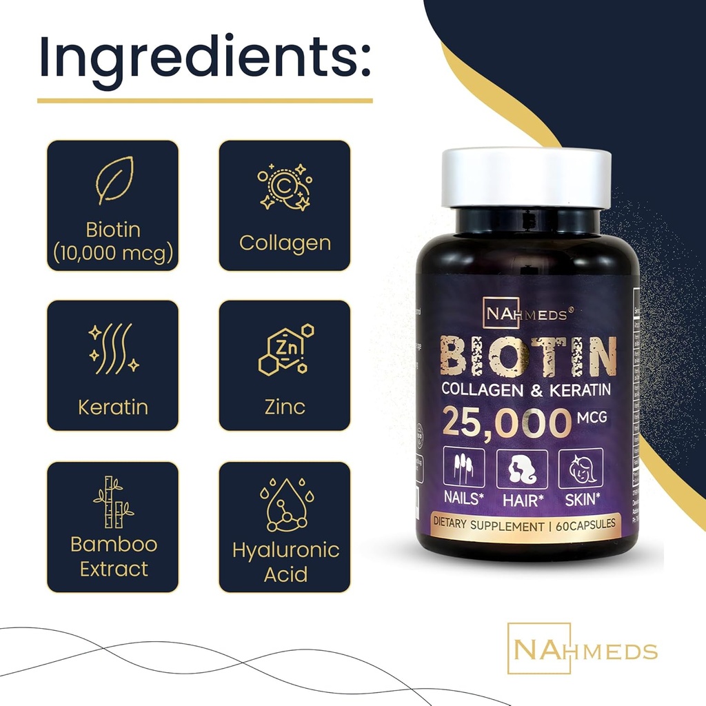 Biotin + Beauty Blend – 25,000 mcg Complex with Collagen, Keratin, MSM – Hair, Skin & Nail Support – Gluten-Free – GMP, ISO 22000, HACCP Certified – COA Available – 60 Capsules 6