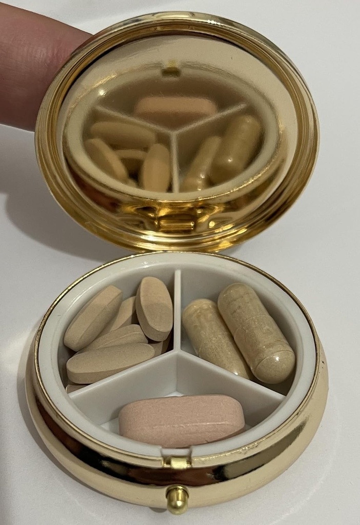AmyZone Metal Pill Organizer Travel Friendly Portable Compact Pill Box Cute Pill Case to Hold Vitamins/Tylenol/Fish Oil/Supplements/Meds/Tablet for Purse/Pocket(Mommy Fuel-Round) 3