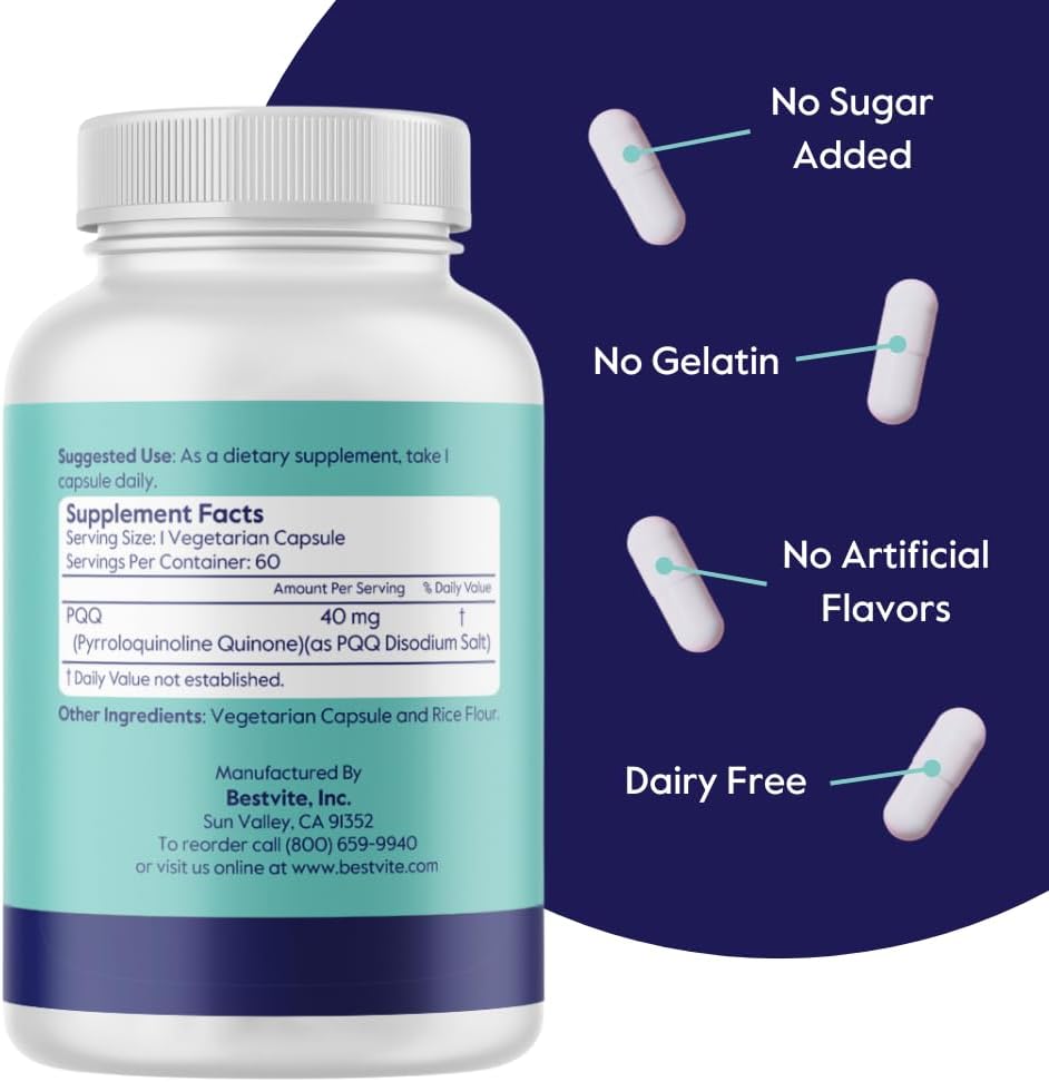 BESTVITE PQQ 40mg (Pyrroloquinoline Quinone) (120 Vegetarian Capsules) (60 x 2) - No Stearates - Vegan - Non GMO - Gluten Free 4