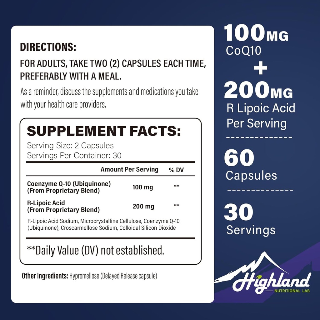 CoQ10 100mg + R-液酸 200mg 每服一次,1个月供应,最多5X 改进吸收,R-液酸/CoQ10 心脏健康和认知健康补充剂-60 Capsules