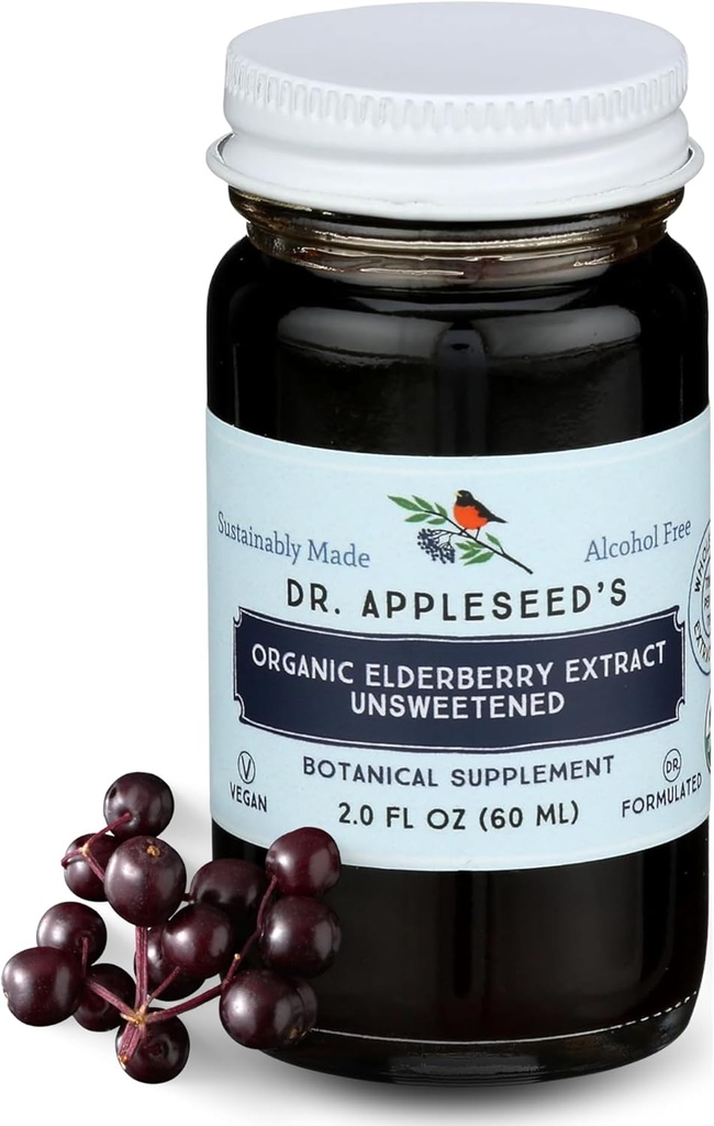 Dr. Appleseed's Organic Elderberry Extract Unsweetened Max Tugevus 11,000mg Kids + Adults Daily Immune Supplement Doctor- Formulated Science-Backed Pure Vegan 24 Day Supply - 2 Fl Oz