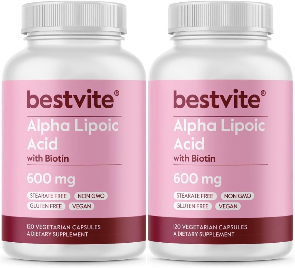 Alpha Lipoic Acid 600mg (per kapsel) med Biotin för att förbättra absorption (240 vegetariska kapslar) (2 x 120) Inga filler - Inga stjärat - Inga flödesagenter