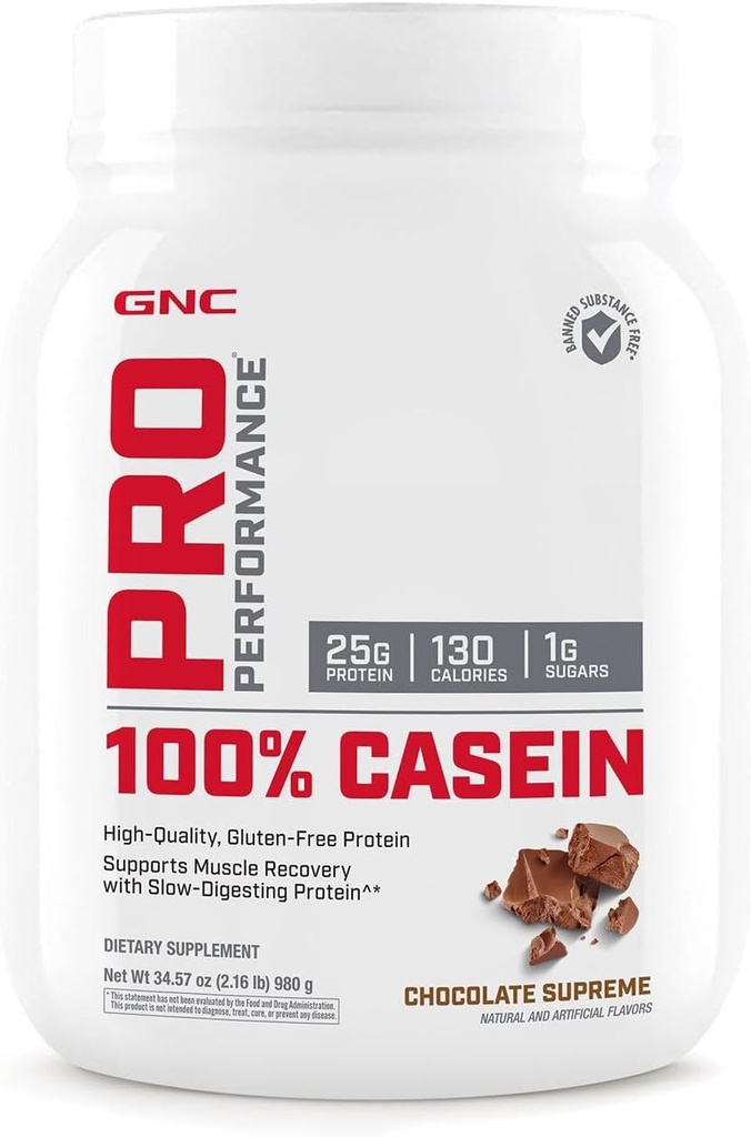 GNC Pro Performance 100% Casein Protein Powder, 25g Protein, Supports Sustained Muscle Strength, Recovery, Slow Digesting, Gluten Free, 3rd Party Tested, Chocolate Supreme, 28 Servings