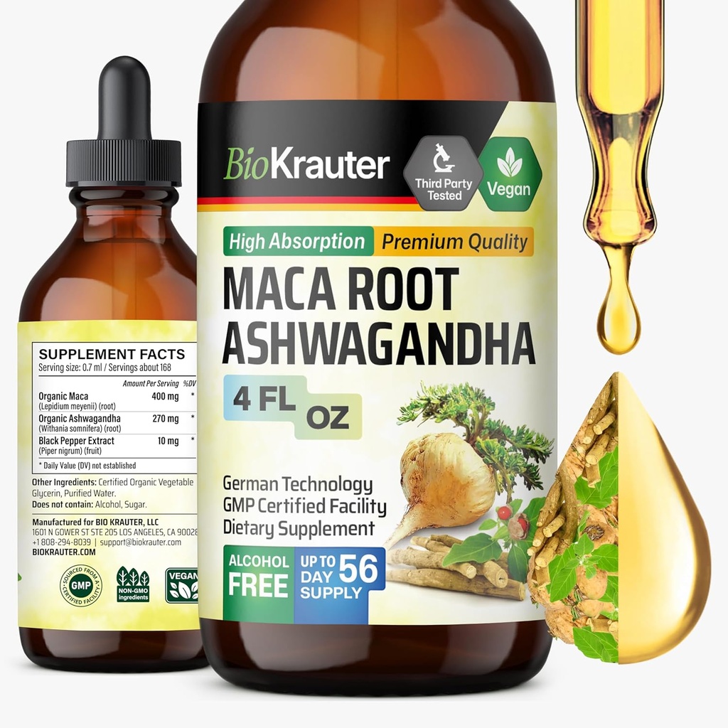 BIO KRAUTER Maca Root and Ashwagandha Tincture - Maca & Ashwagandha Suplimente pentru barbati si femei - Adaptogene Liquid Supplement for Mood Supplement for Mood Support - Alcool si Sugar Free Vegan Drops 4 Fl.Oz.