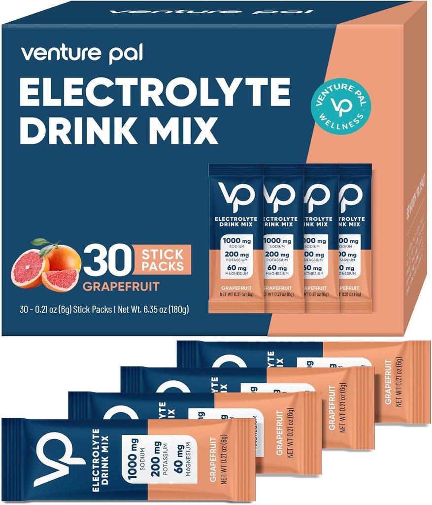 Venture Pal High Sodium Sugar Free Electrolytes Powder Packet - Hydration Packets with Vitamin, Sodium & Potassium , Zero Calories , Vegan, Keto & Paleo Friendly Electrolyte Drink Mix - 30 Sticks
