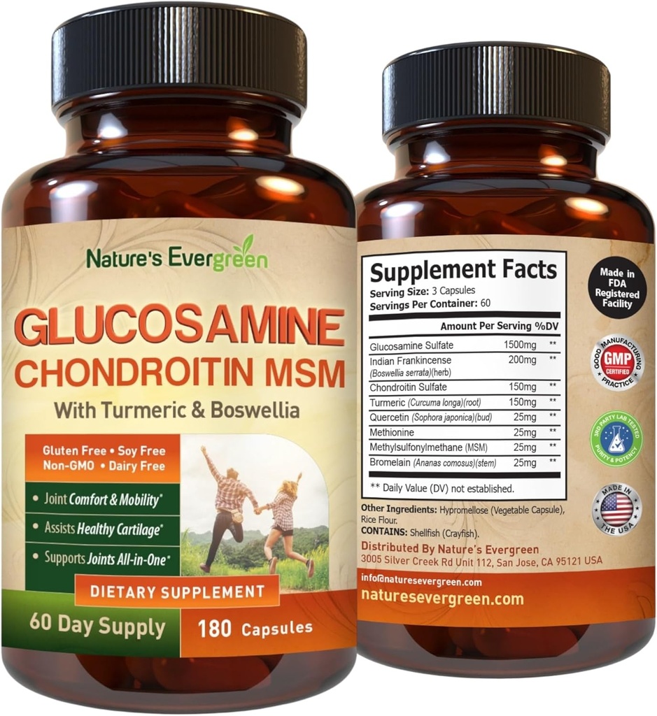 Glucosamina Condroitin MSM con Turmeric & Boswellia Supplemento | Supporto Congiunto Glucosamine Solfato 1500mg | Controtina di Salute Congiunta sulfato MSM per Donne & Uomini - 180 capsule