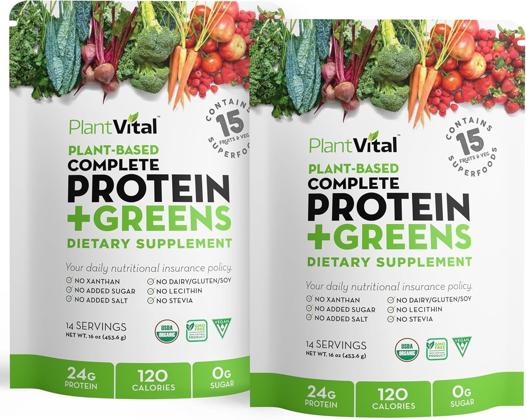 Plantvital uflavorert organisk vegansk proteinpulver - 15 Superfoods, grønnsaker og probiotika - organisk plantebasert proteinpulver - alle BCAAs, Glutenfri - 16oz (Pack of 2)