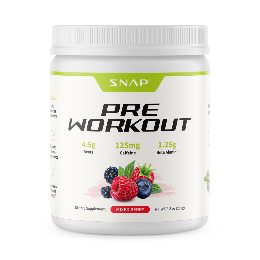 Snap Supplements Pre Workout Beet Root Powder, Nitric Oxide Supplements for Men and Women - Energy and Circulation Support, 8.8 oz, (30 Servings,1 Month Supply), Mixed Berry