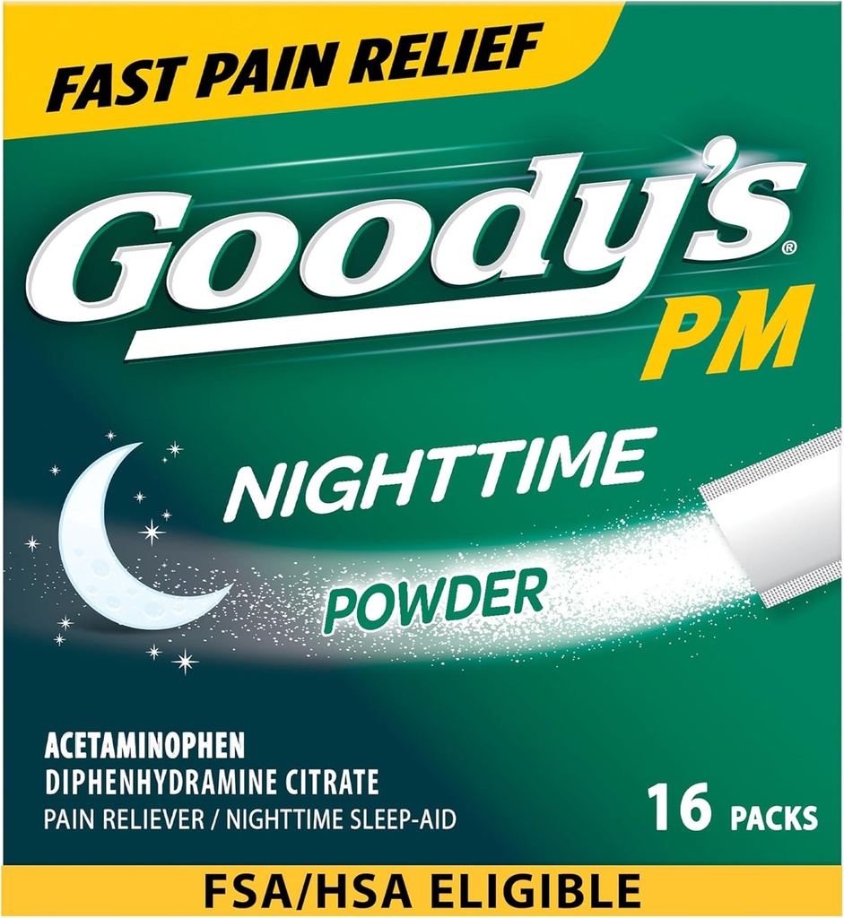 Goodys nattepulver, smertefri og søvnhjelp med acetaminophen & difenhydramincitrat, koffeinfri, 16 greve