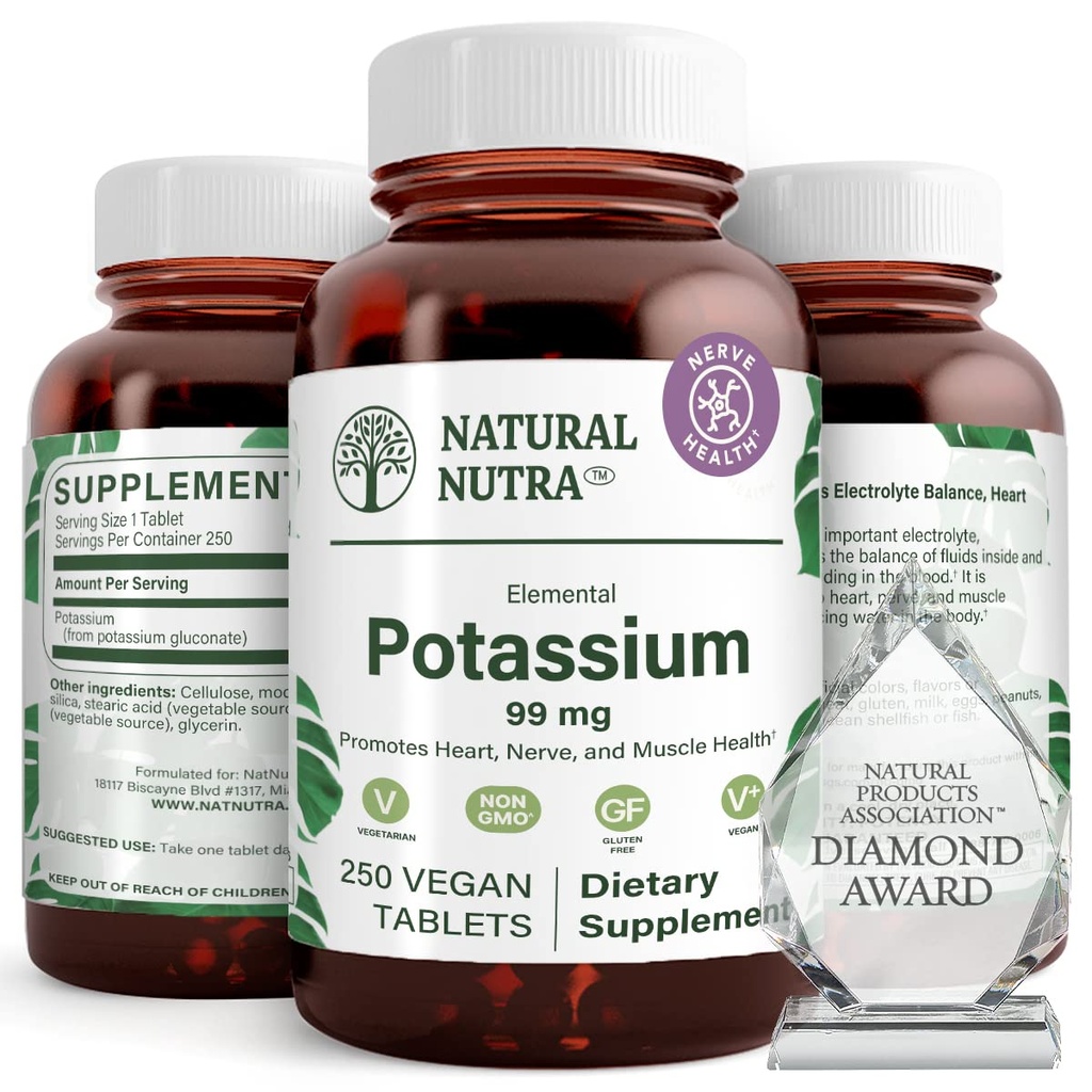 Natural Nutra Elemental Potassium Gluconate 99 mg Dietary Supplement – Promotes Energy, Helps Boost Nervous System, Promotes Heart Health, Mineral Regulation, Muscle Function - 250 Vegan Tablets