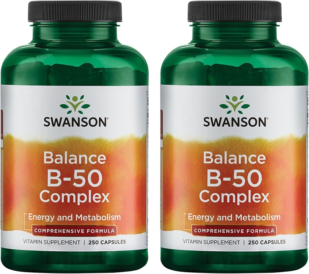 Swanson B-50 B-Complex - Yüksek Potency & Bioavailability ile B Vitamin Kompleks - Immune System Support, Aids Heart Health, & Supports Health Nervous System - (250 Capsules) (2 Pack)