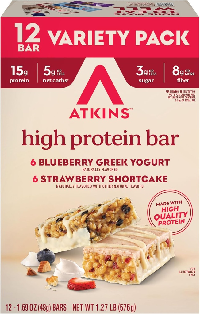 Atkins Blueberry Greek Yogurt & Aardbei Shortcake High Protein Bar, High Fiber, Keto Friendly, 12 Tellen (6 Bars Elke smaak)