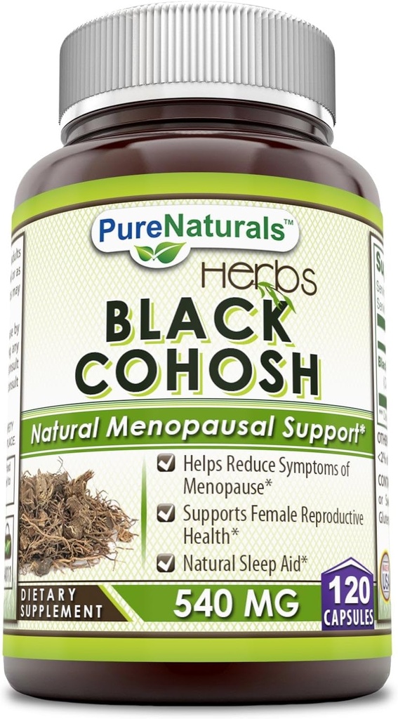 Pure Naturals Black Cohosh Menopause Relief - Solucións naturais para o apoio á menopausa - 540 Mg Suplemento con extracto de raíz pura 120 cápsulas.