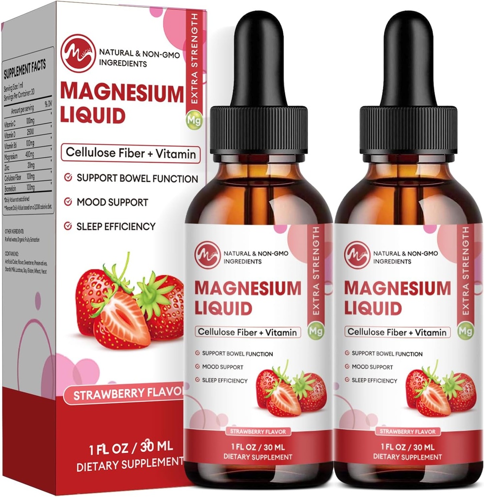 M inch Magnesium Glycinate Liquid, Висока Absorption Magnesium Liquid Drops з целюлозним волокном, бомелаїном, вітаміном B6, C, D, цинком, Magnesium Supplement для дітей і дорослих, полуниці Flavor, 2 Pack