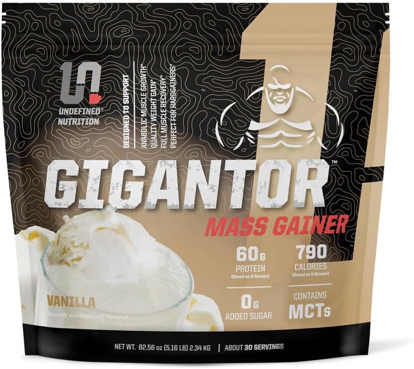 Undefined Nutrition Gigantor Mass Gainer by Brian Shaw (60g Protein, 30 Servings, до 790 Качествени калории)  по формула Hardcore Hard Gainer с 5- Phase Protein Blend (5.16 lbs, Vanilla)