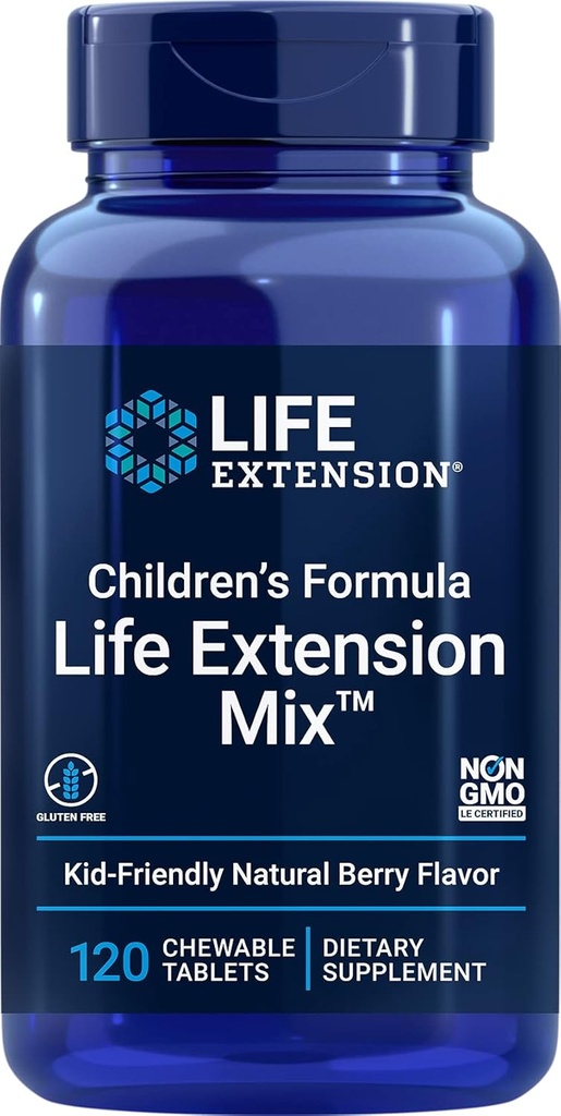 Extensão de vida Fórmula infantil MixTM, multivitamina para crianças, 18 vitaminas essenciais e minerais, Berry Flavored with no Added Sacarose, Gluten-Free, Non-GMO, 120 comprimidos mastigáveis