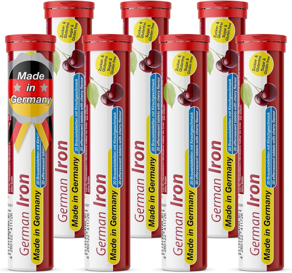 T&D German Iron 14 mg - 140 Vegan Drink Effervescent Tablets - Cherry Flavor - Made in Germany