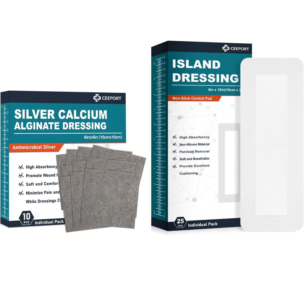 Silver Calcium Alginate Dressing (4''x4'10Pcs) +Eiland Dressing(4" x 10" 25Pcs)