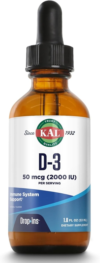 KAL Vitamina D3 2000 UI (50 mcg) DropIns - Liquid Vitamina D3 Drops - Força óssea e Imune Suporte Suplemento - Vegetariano, 60 dias de garantia, Aprox. 590 Servings, 1,8 oz