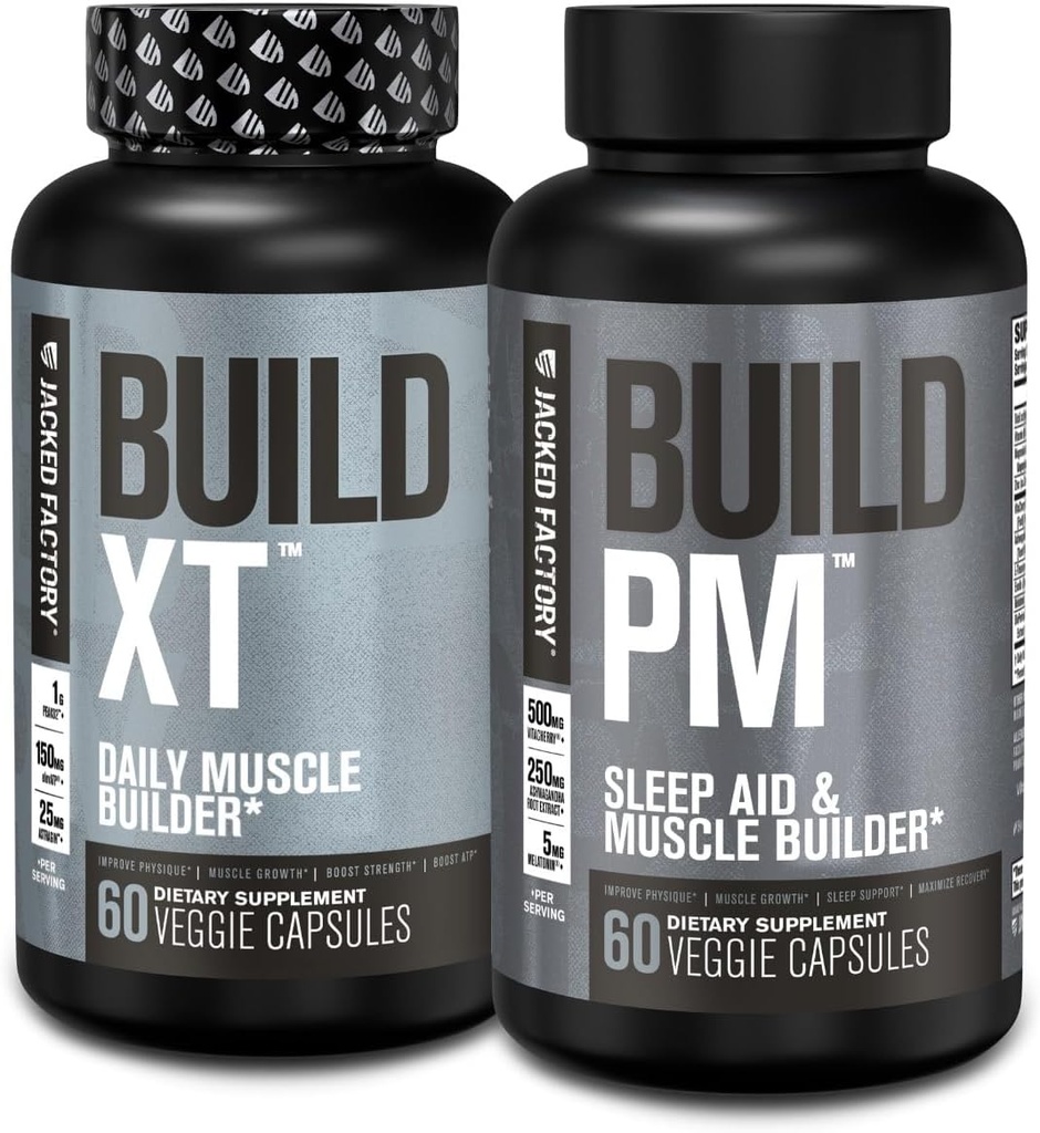 Jacked Factory AM & PM Muscle Building Suplemento Stack - Build-XT Muscle Builder & Build PM Night Time Muscle Growth & Sleep Aid