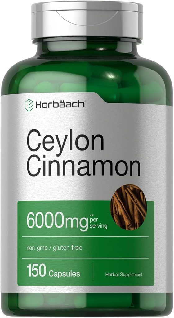 Horbäach Ceylon Cinnamon Capsules - 6000 mg - 150 count - Non-GMO, Gluten Free supplement