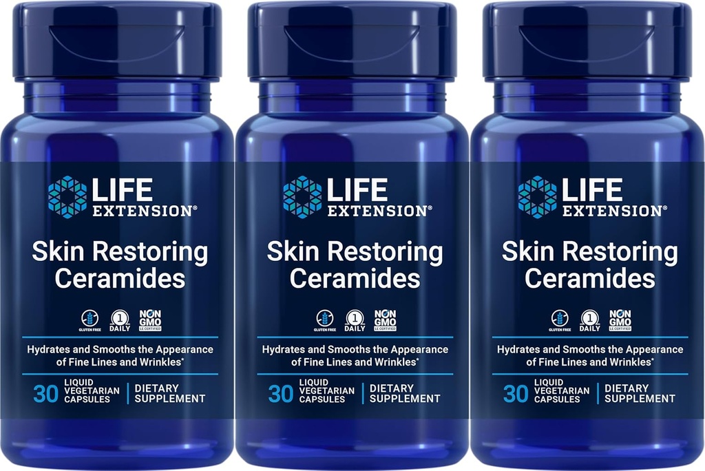 Life Extensie Skin Restaurarea Ceramidelor, 30 Capsule Vegetare lichide (Pachet de 3)