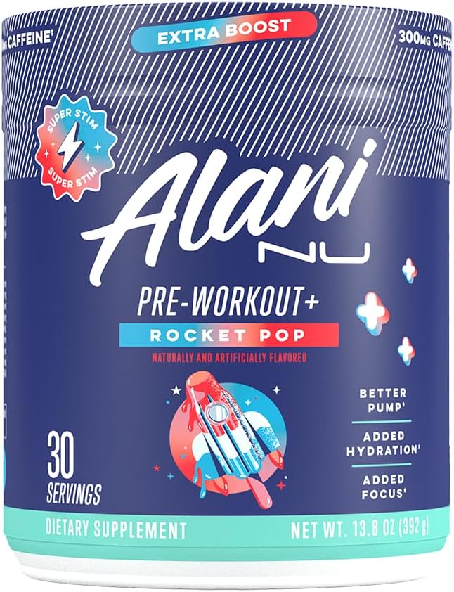 Alani Nu Pre Workout+ Polvere Rocket POP, Extra Boost, Sugar Free, 300 mg di caffeina, L-teanina, Beta-Alanina, Citrulline, 30 Serve