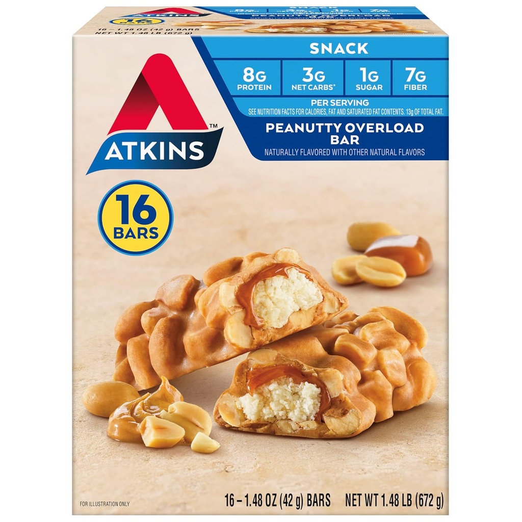 Atkins Snack Bar, Peanutty Overload, 8g Protein, 7g Fiber, 3g Net Carbs, Keto Friendly, 16 gróf