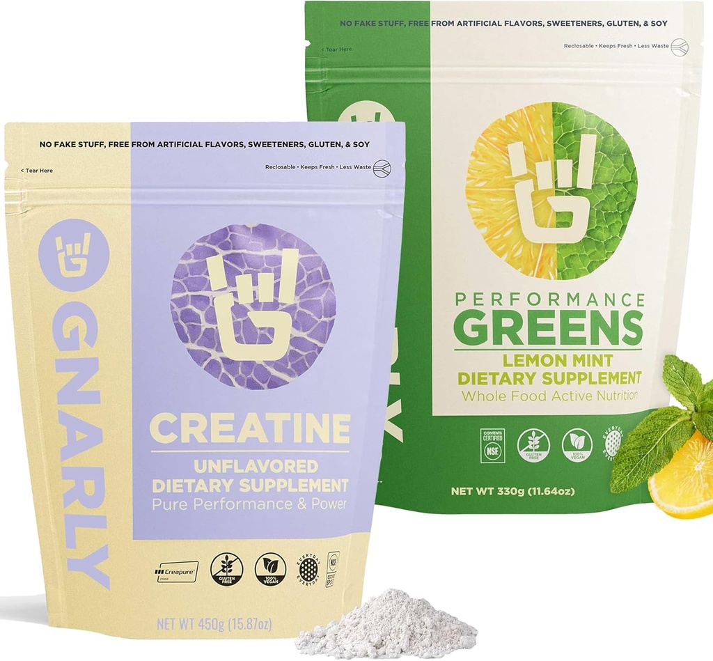 Gnarly Nutrition Creatine Powder, Unflavored (16.05oz) 및 Gnarly Performance Greens 레몬 민트 (11.64 oz)