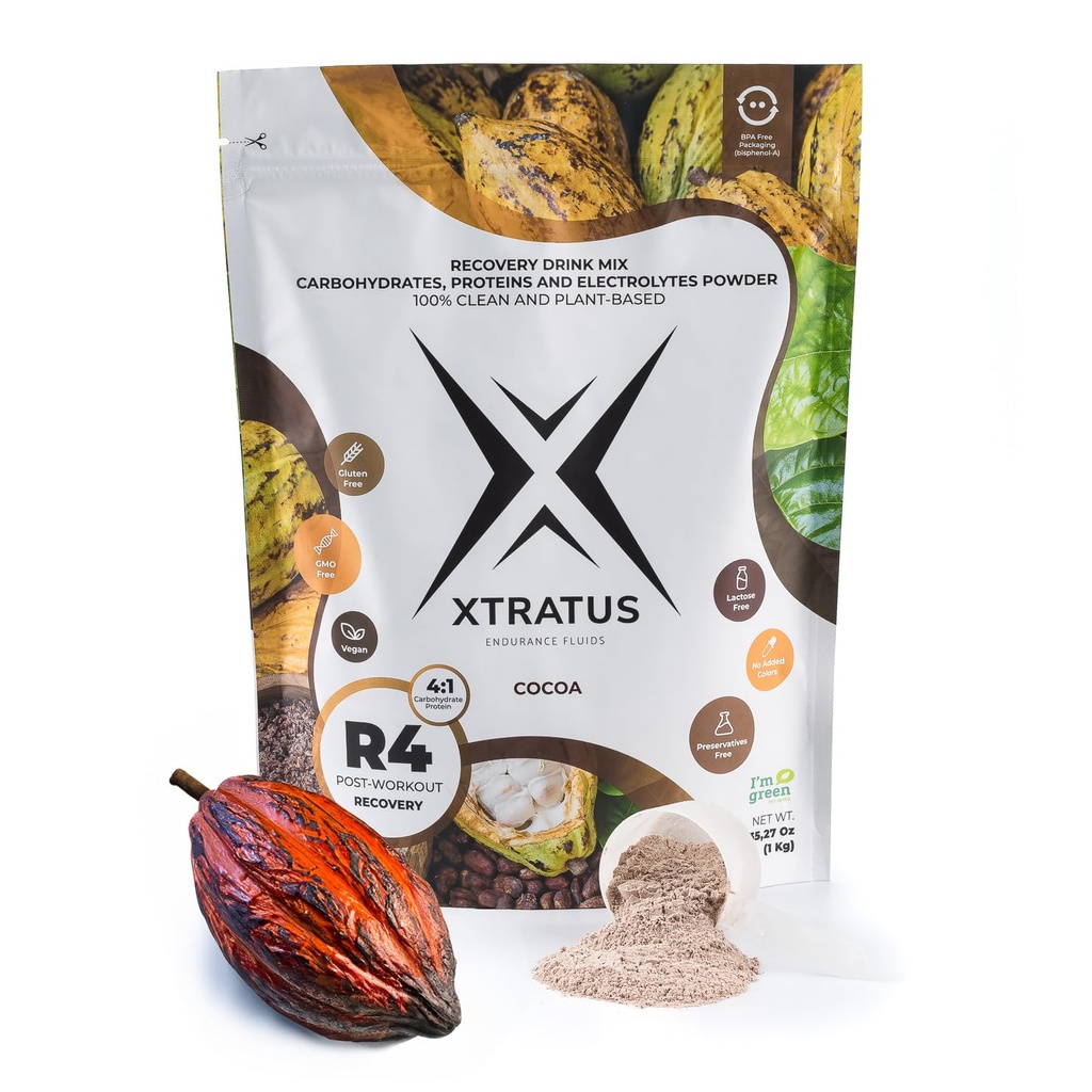 Xtratus Endurance Fluids R4 Cocoa - Sports Recovery Drink mix with Carbohydrates, Vegan Proteins and Electrolytes. 4:1 نسبة (الكاب: البروتين). بعد العمل (فيغان) 35.27oz