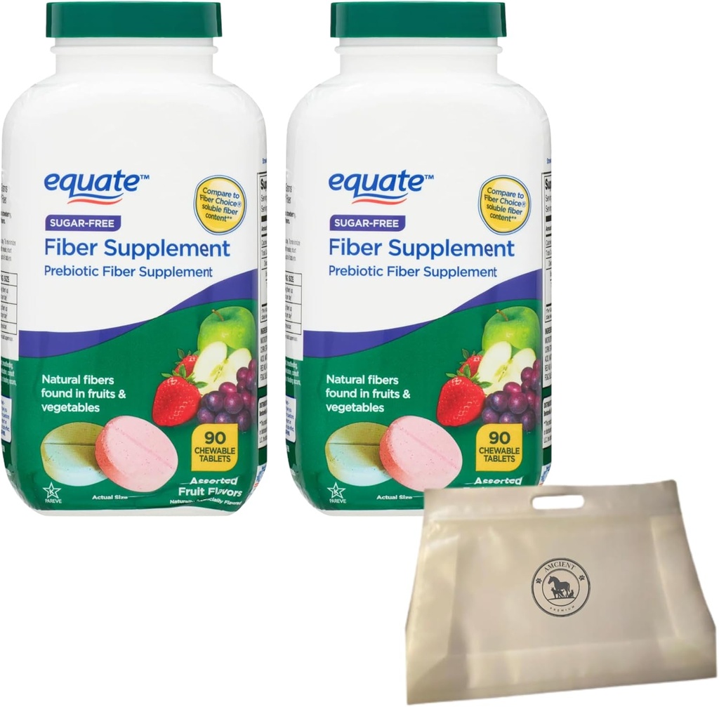 Equate Daily Fiber Sugar Free Prebiotic 90 Chewable Tablets (2 Packs) Bundle con comida reutilizable Pouch