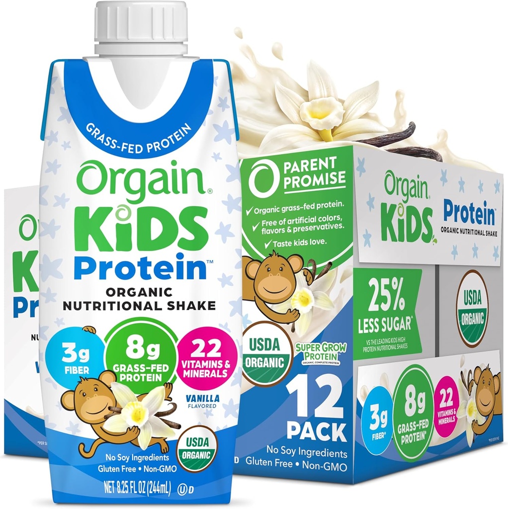 Orgain Organic Kids Nutritional Protein Shake, Vanilla, Healthy Kids Snacks, 8g Dairy Protein, 3g Fiber, 22 Vitamins & Minerals, No Soy ingredients, Gluten Free, Non-GMO, 8.25 Fl Oz (Pack of 12)