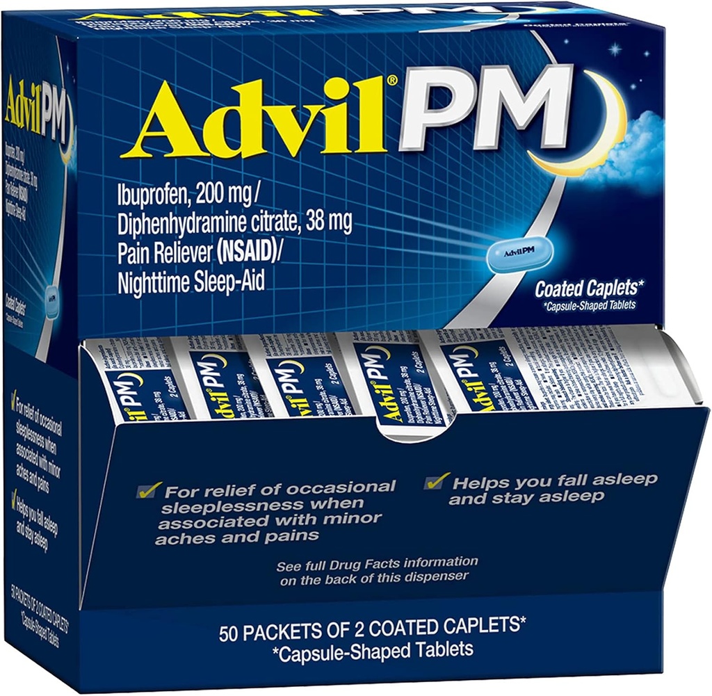 Advil PM Pain Reliver and Nighttime Sleep Aid, 用Ibuprofen治疗疼痛的疼痛药物和二酚胺 Citrate for a Sleep Aid - 50x2 混合卡片