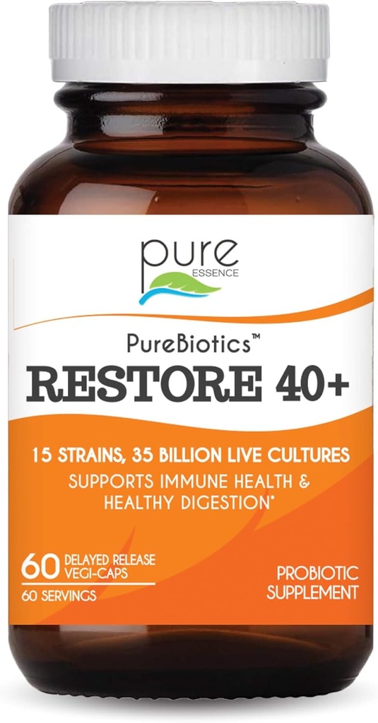 PURE ESSENCE LABS PureBiotics Restore 40+ Suplemento Probiótico - Apoia a saúde inmune e dixestiva - Dairy & Gluten Free - 15 Strains (35 Billion CTU) adultos Probióticos naturais (60 Caps)
