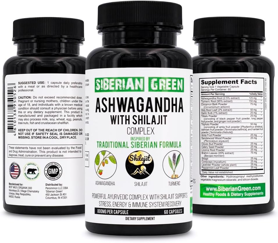 Siberians Green Ashwagandha amb Altai Shlajit i Ayurmeric complex complex de 60 Capsules great la fórmula tradicional de Sibèria Stres Libere, Moued, Implementació de l'Energia, Immune System Recobery