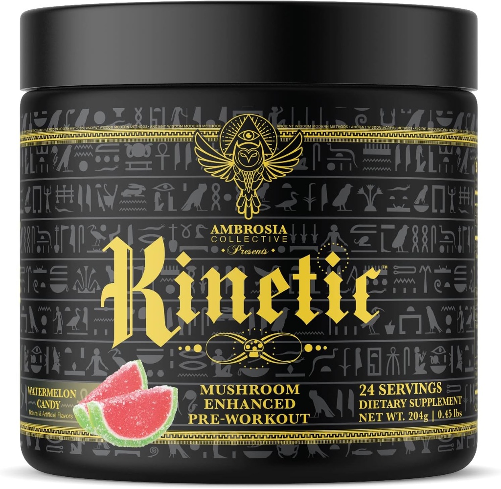 Ambrosia Kinetic Organic Preworkout, Mushroom Enhanced Natural Pre Workout Supplement, Nootropic Superfood pulver for energi (Watermelon Candy)