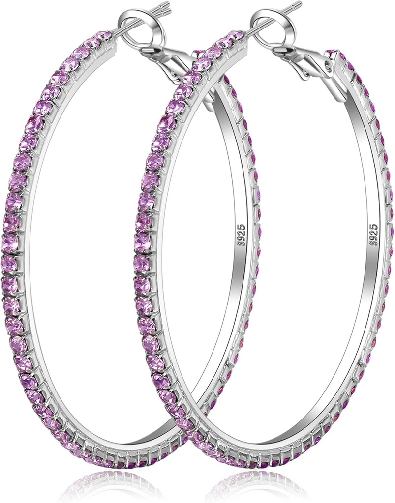 925 Sterilūs sidabriniai Auskarai Dideli Rinstone Hoop auskarai Dideli kubiniai cirkoniai Hoop auskarai Thin Rinestones apvalūs auskarai moterims 20 / 30 / 40 / 50 / 60 / 70mm Sparkly Hoops su kristalais moterims