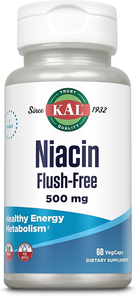 KAL Niacin 500mg bez Flush - vitamín B3 doplnok - Metabolizmus a podpora energie - koža, nerv, trávenie zdravie a podpora cirkulácie - Vegánsky vitamín, 60-dňová záruka, 60 Servings, 60 VegCaps