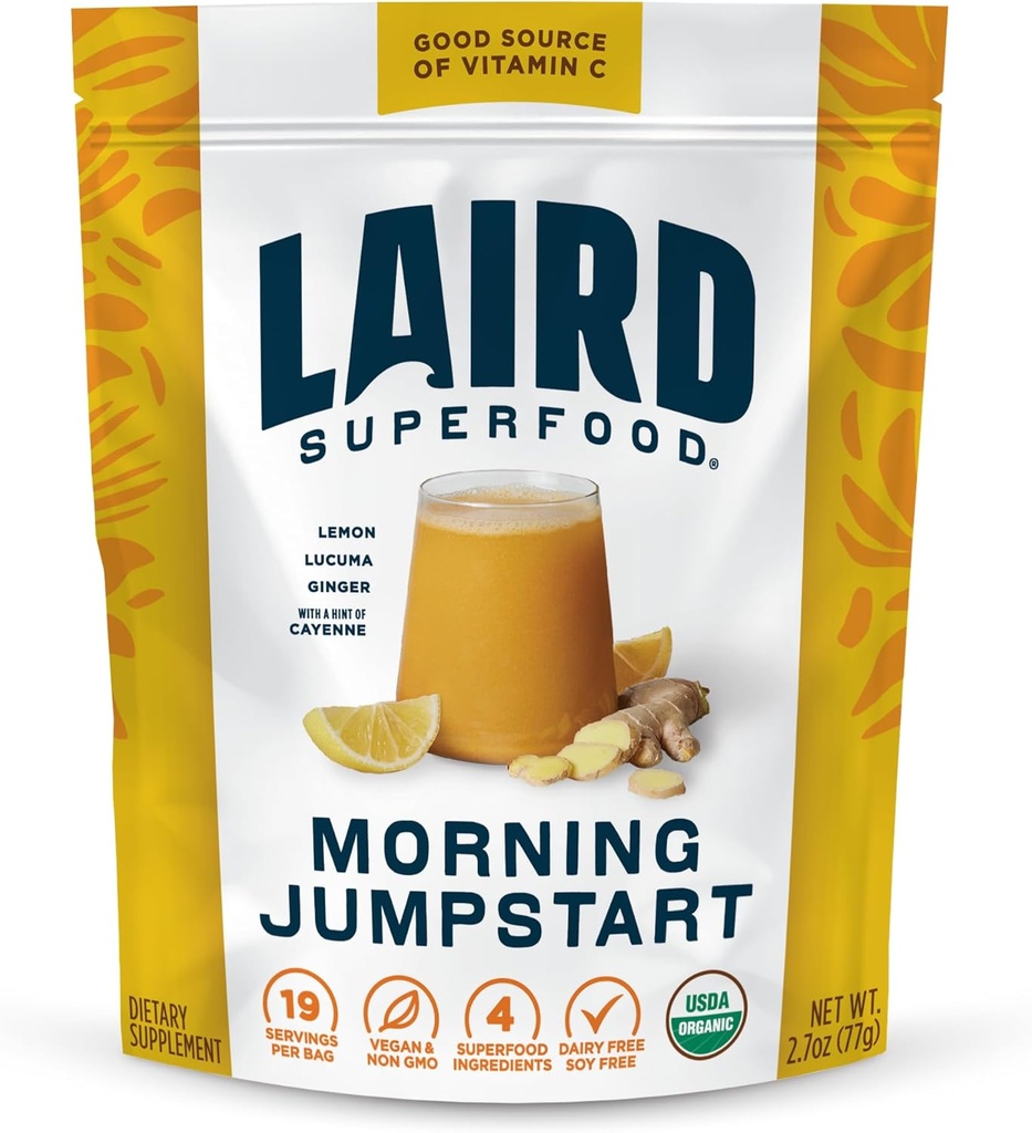 Laird Superfood Morning Jumpstart Powder Drink Supplement, Lemon, Lucuma, Ginger a Cayenne Cleanse, Organic, 2.7 Oz Bag, Balík 1