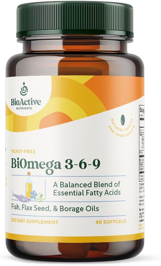 BIOACTIVE NUTRIENTS BiOmega 3-6-9 Supplement Softgels för kvinnor och män - Omega 3 6 9 - Komplex av den bästa fisken, linfröolja och Borage Oil Supplements - 1200mg - 90 Softgels