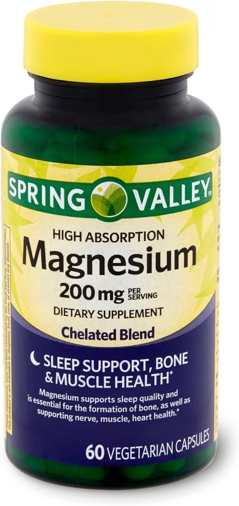 Spring Valley Absorbţie mare Magneziu 200 mg Suport pentru somn 60 capsule + Ghidul pentru vitamine