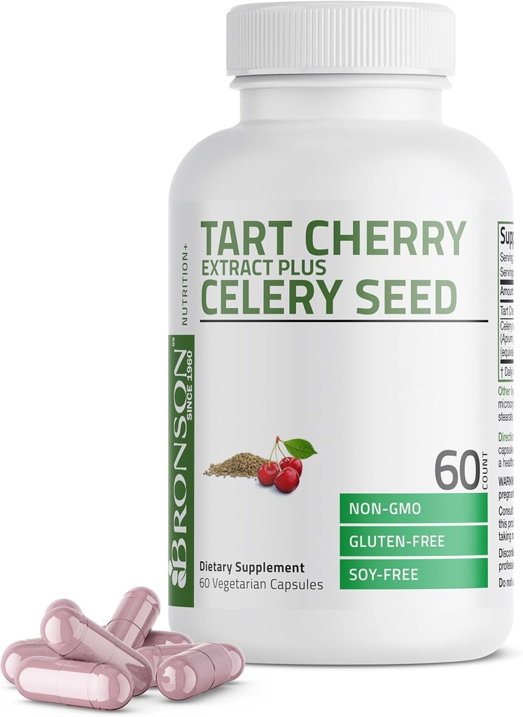 Bronson Tart Cherry Extract + Семе от целина капсули - Мощна Uric Acid Cleanse, Joint Mobility Support & Muscle Recovery Addition - Non-GMO Formula - 60 Вегетариански капсули
