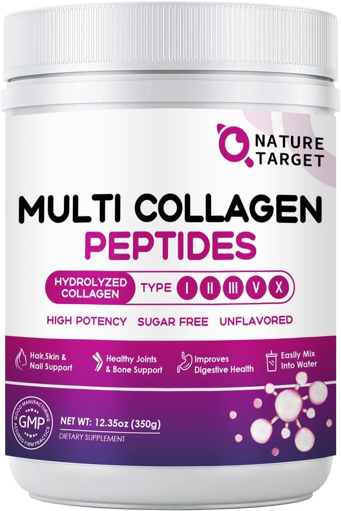 NATURE TARGET Multi Collagen Peptides Toz - Tip I, II, III, V, X - C Hyaluronic Acid Vitamini ilə Hidrolyzed Collagen Peptides,  Support Skin Saç Nail & A, Grass-Fed, Qeyri-GMO, 35
