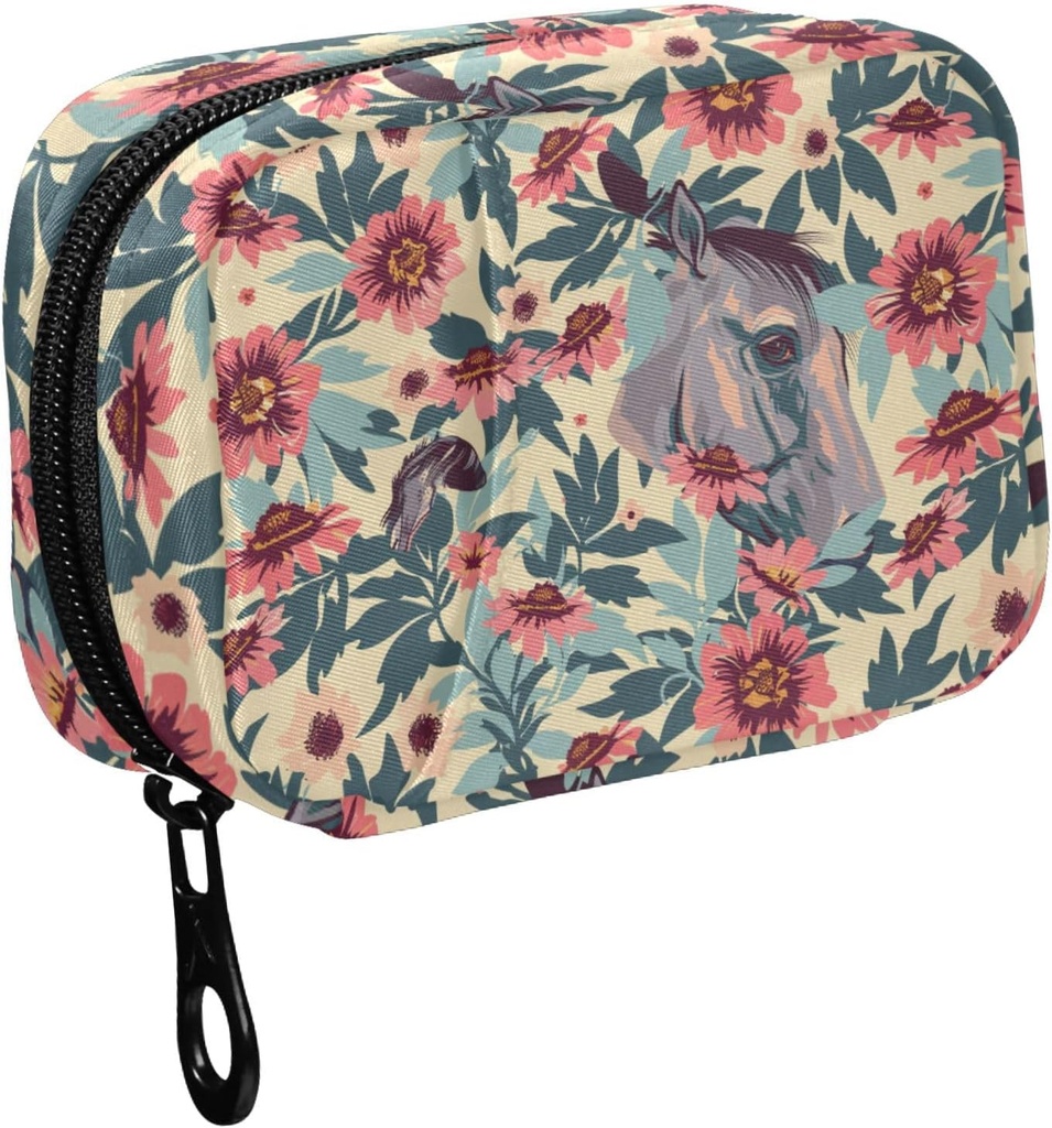 Fustylead Vintage Beautiful Horse and Flower Pill Organizer for Purse, Weekly Portable Pill Box with Zipper to Storage Vitamins Fish Oils Medications Supplements