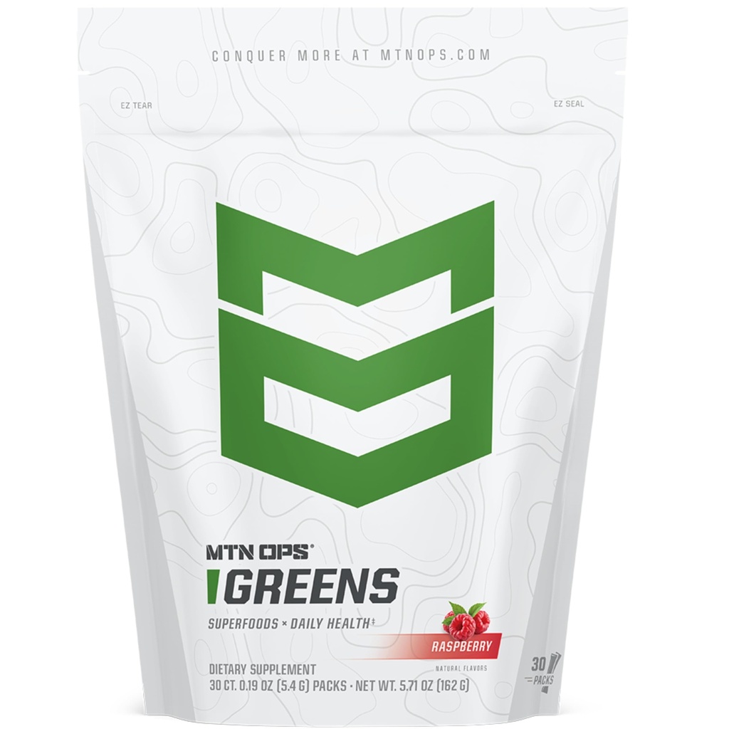 MTN OPS Greens Superfood Drink Mix Daily Greens Powder with Super Greens Chlorophyll Digestive and Immune Support Raspberry Flavor 30 On The Go Stick Packs