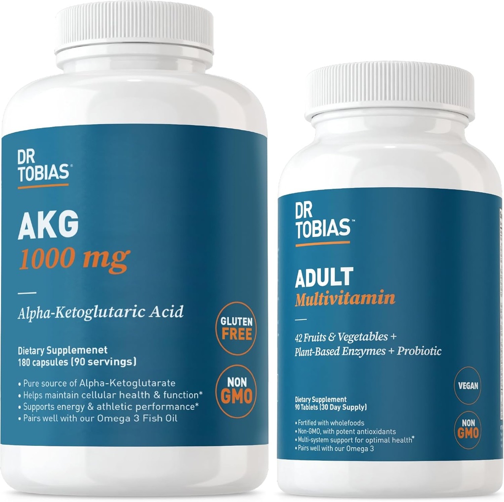 Dr. Tobias AKG Supplement & Adult Multivitamin - Komplexní buněčná energie a výživová podpora pro celkové wellness a vitalitu, Vegan, Non- GMO