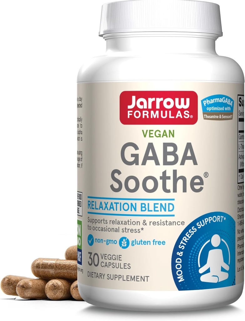 Jarrow Formulas GABA Soothe - 30 Veggie Caps - podpira fokus, sprostitev in odpornost na stres - z Theanine & Ashwagandha Extract - 30 Servings