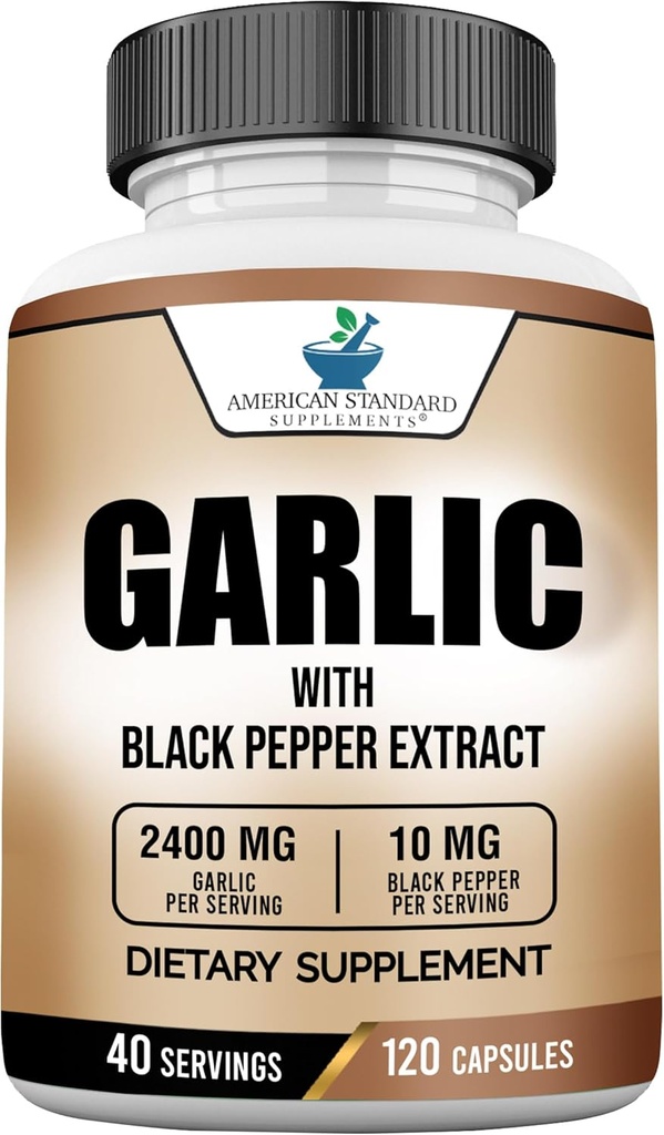 美国标准增产大蒜(Garlic 2400mg) 用黑辣椒水果提取法-Vegan,Gluten Free,Non-GMO,120 Capsules,40个服务