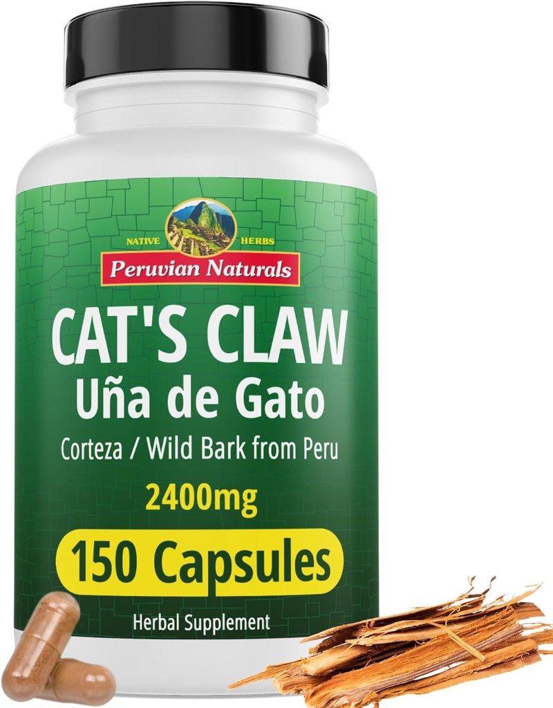 Peruu Naturals Cat's Claw Taimne täiendus 150 kapslit - Uña de Gato 2400mg Vegan, 100% looduslik kass Küüniskoor kasvanud Peruus, Non-GMO, Uncaria Tomentosa UNA de Gato
