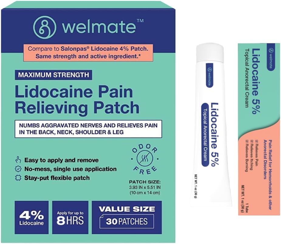 WeLMATE Ultimate Pain Relief Duo: 4% Lidocaine Numbing Patch (30 Ct) 5% Lidocaine Cream (1 Oz)